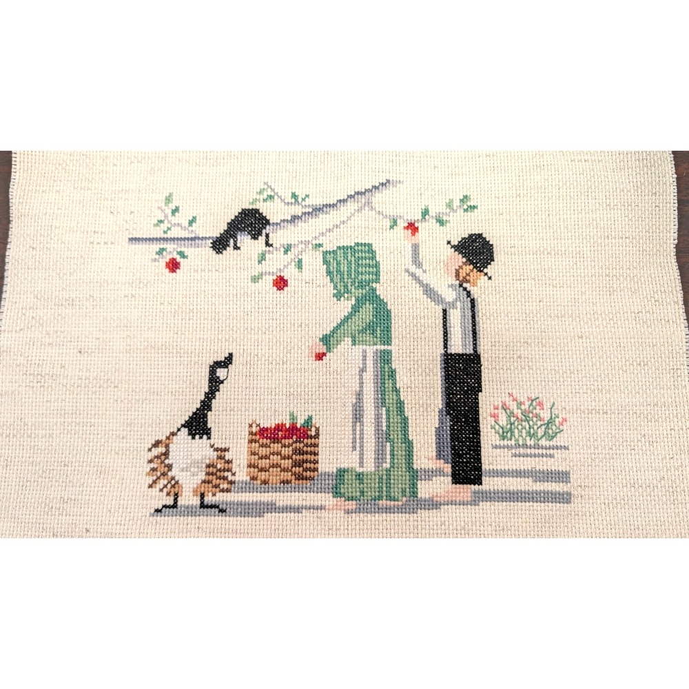 Vintage Handmade Cross Stitch Orchard Picking Scene Unframed Needlework 13x9